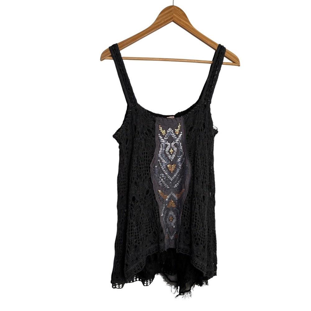 Free People Women Tank Top Large Black Crochet Sequin Whimsigoth Witchy Festival